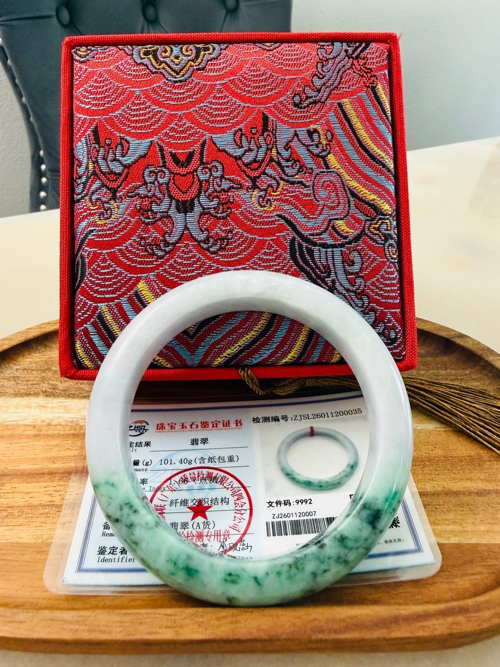 Natural Type A Burmese Jadeite Bangle Dual-Tone White/Emerald Green Myanmar 60.5
